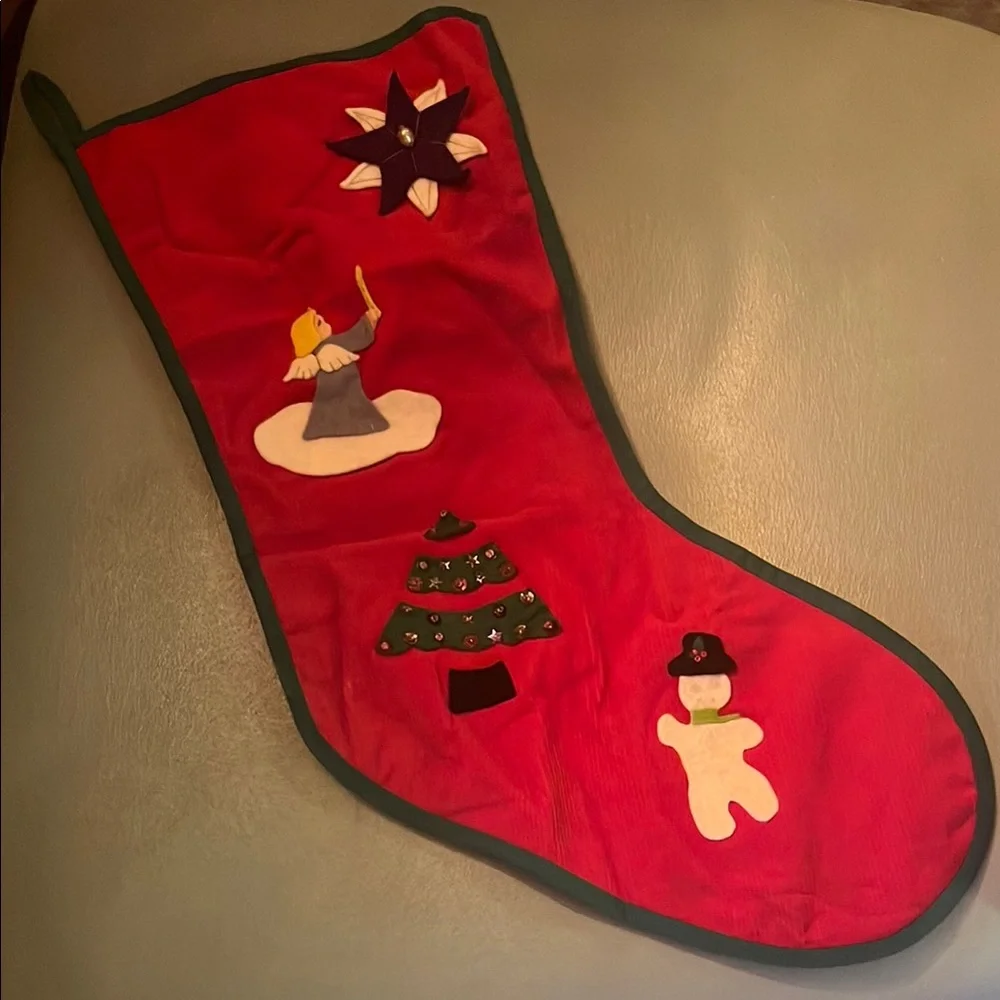 VTG Red Holiday Stocking with Felt Angel, Christmas Tree, Snowman & More